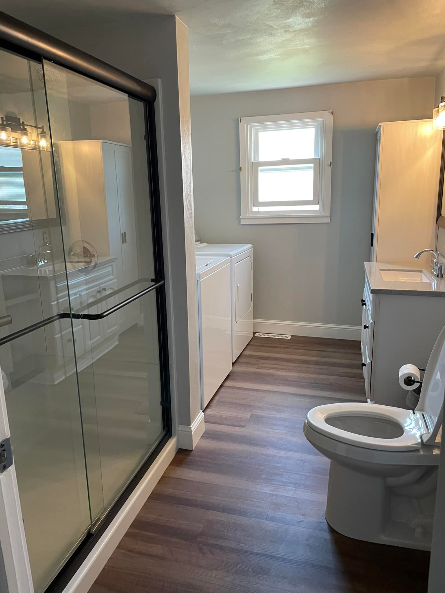 Finished bathroom remodel with glass shower